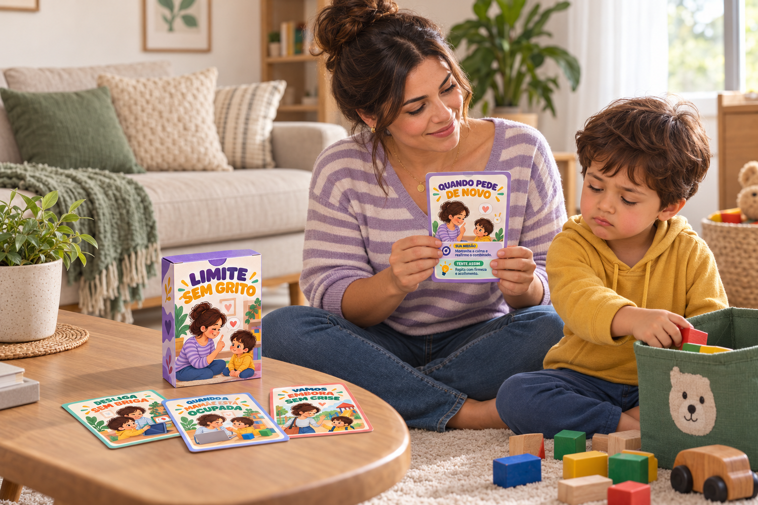Mãe segurando uma das cartas do kit